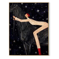 Midnight Rider Meet the Open Sky - figure and horse painting by Isabelle Laurent, modern Western vertical wall art – wood frame on white background