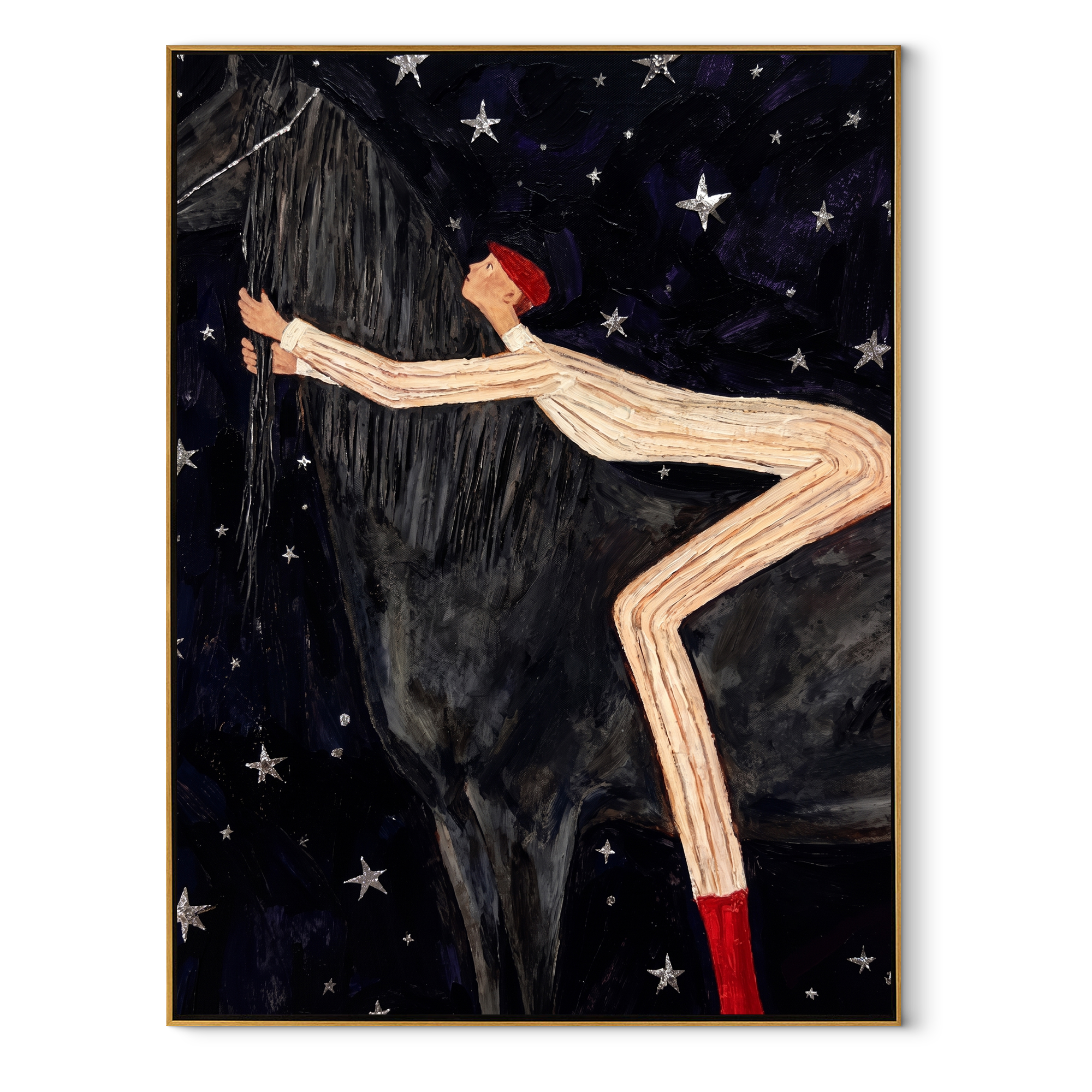 Midnight Rider Meet the Open Sky - figure and horse painting by Isabelle Laurent, modern Western vertical wall art – wood frame on white background