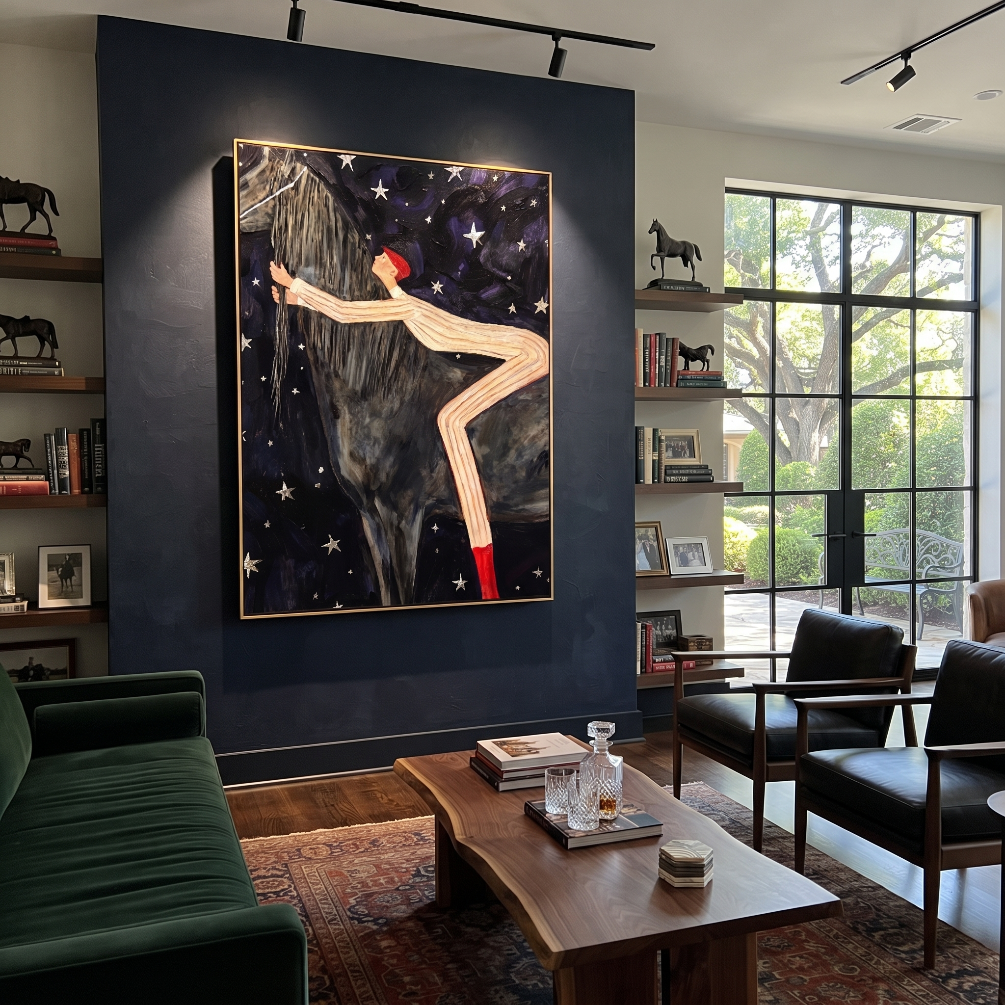 Midnight Rider Meet the Open Sky - figure and horse painting by Isabelle Laurent, modern Western vertical wall art – styled room scene view 3