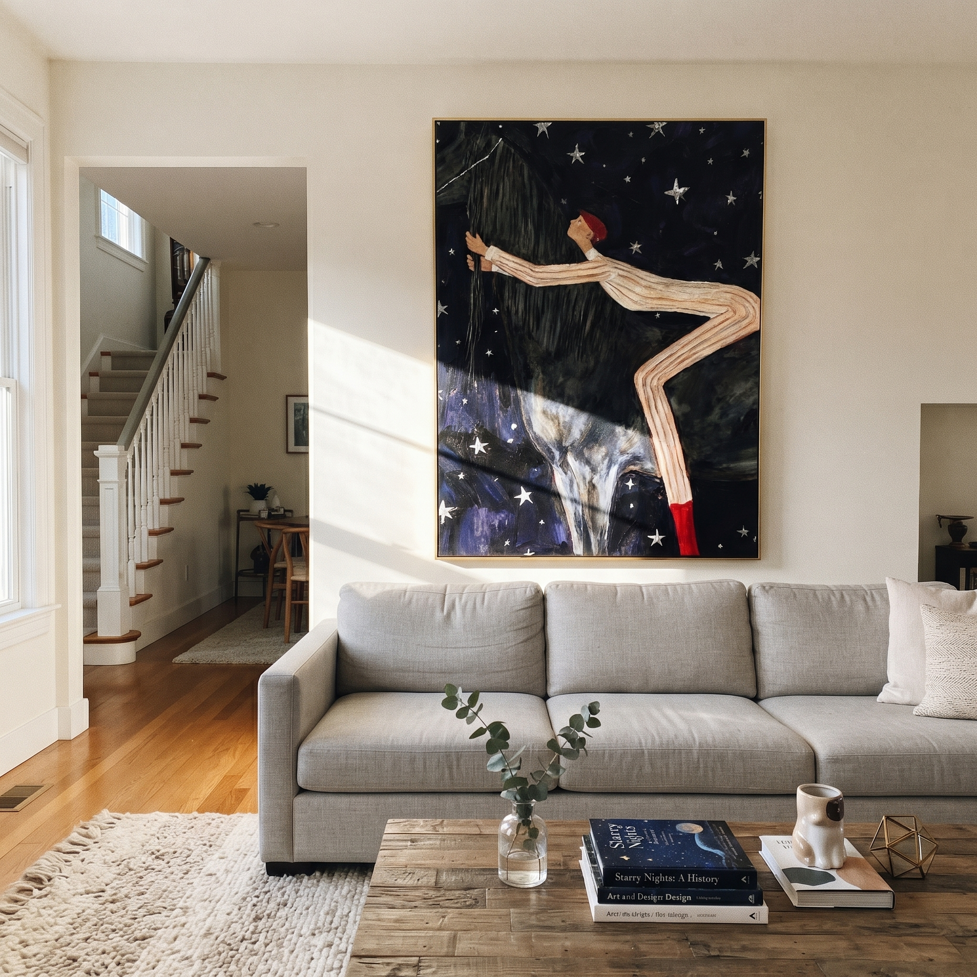 Midnight Rider Meet the Open Sky - figure and horse painting by Isabelle Laurent, modern Western vertical wall art – styled room scene view 4