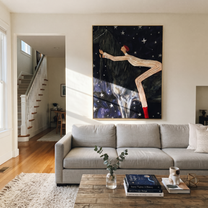 Midnight Rider Meet the Open Sky - figure and horse painting by Isabelle Laurent, modern Western vertical wall art – styled room scene view 4
