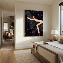 Midnight Rider Meet the Open Sky - figure and horse painting by Isabelle Laurent, modern Western vertical wall art – styled room scene view 5