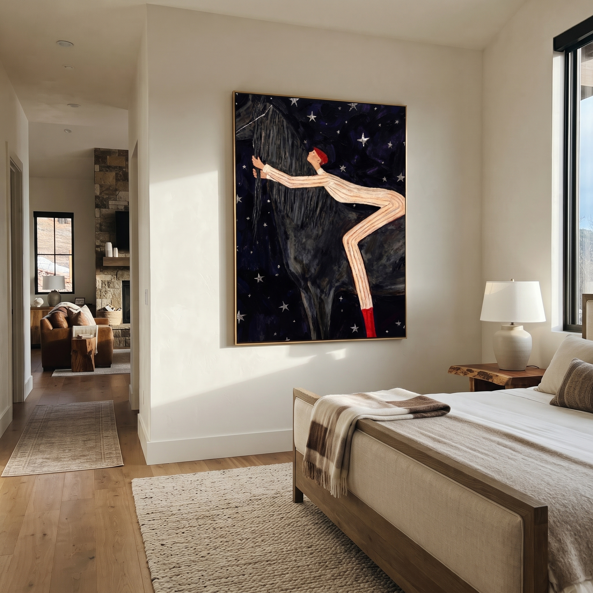 Midnight Rider Meet the Open Sky - figure and horse painting by Isabelle Laurent, modern Western vertical wall art – styled room scene view 5