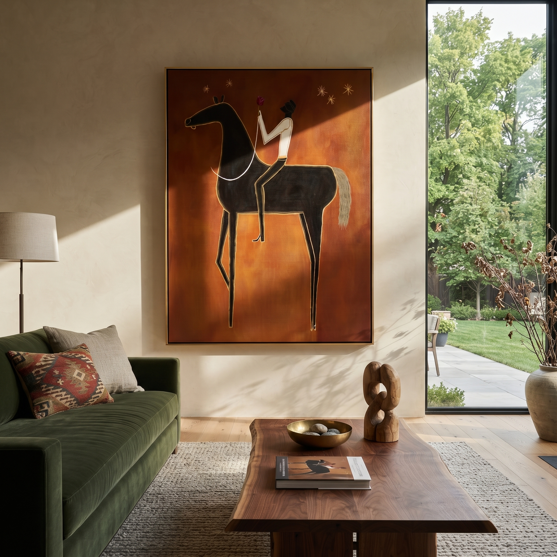 Quiet Reins Meet the Open Sky - horse and rider painting by Isabelle Laurent, modern Western vertical wall art – styled room scene view 1