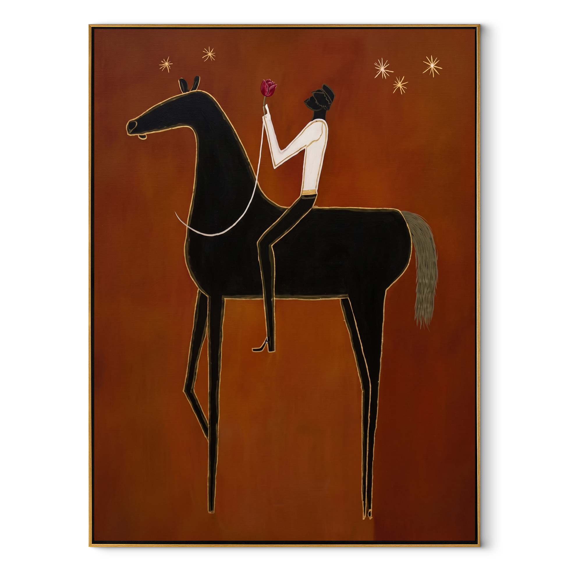 Quiet Reins Meet the Open Sky - horse and rider painting by Isabelle Laurent, modern Western vertical wall art – wood frame on white background