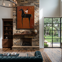 Quiet Reins Meet the Open Sky - horse and rider painting by Isabelle Laurent, modern Western vertical wall art – styled room scene view 2
