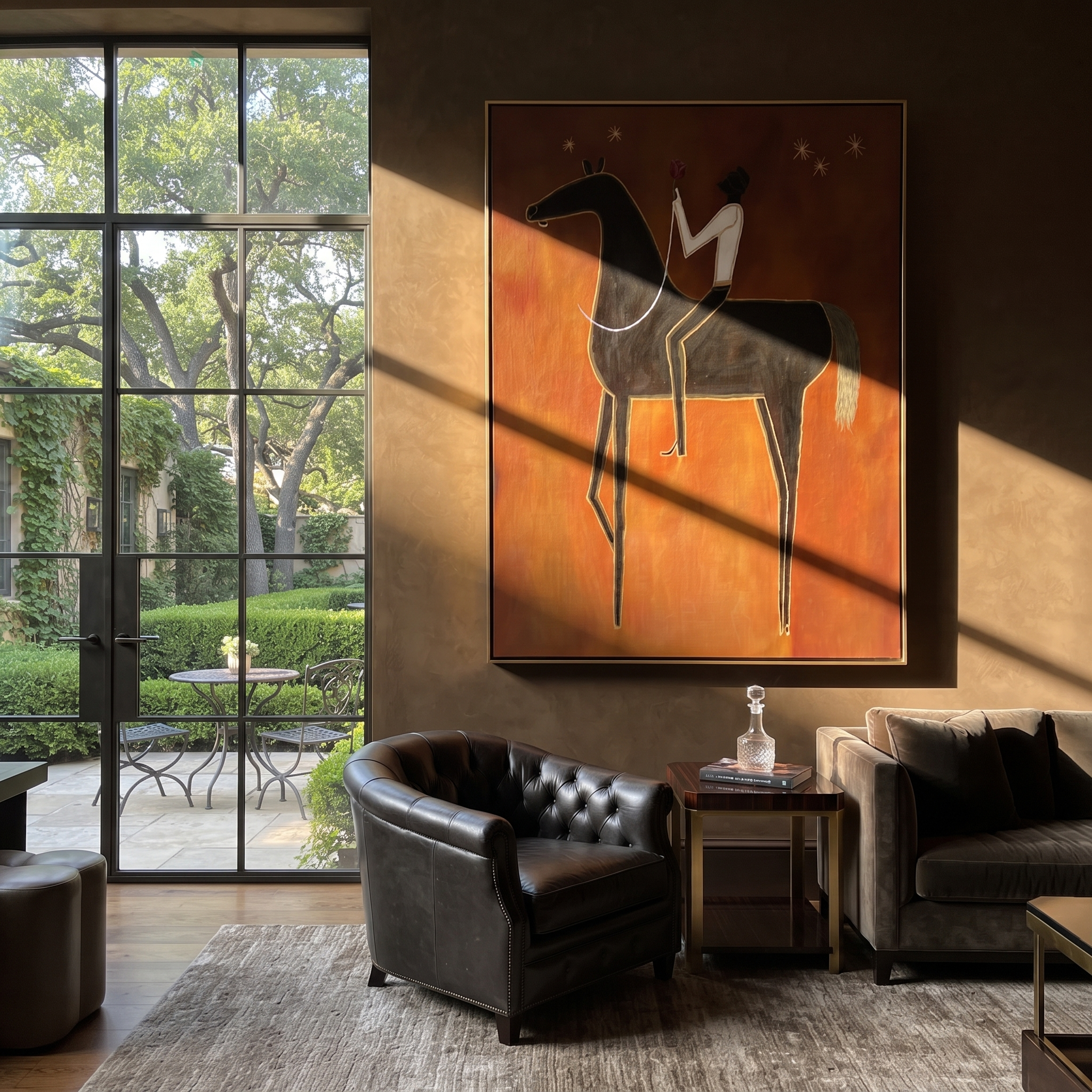 Quiet Reins Meet the Open Sky - horse and rider painting by Isabelle Laurent, modern Western vertical wall art – styled room scene view 3