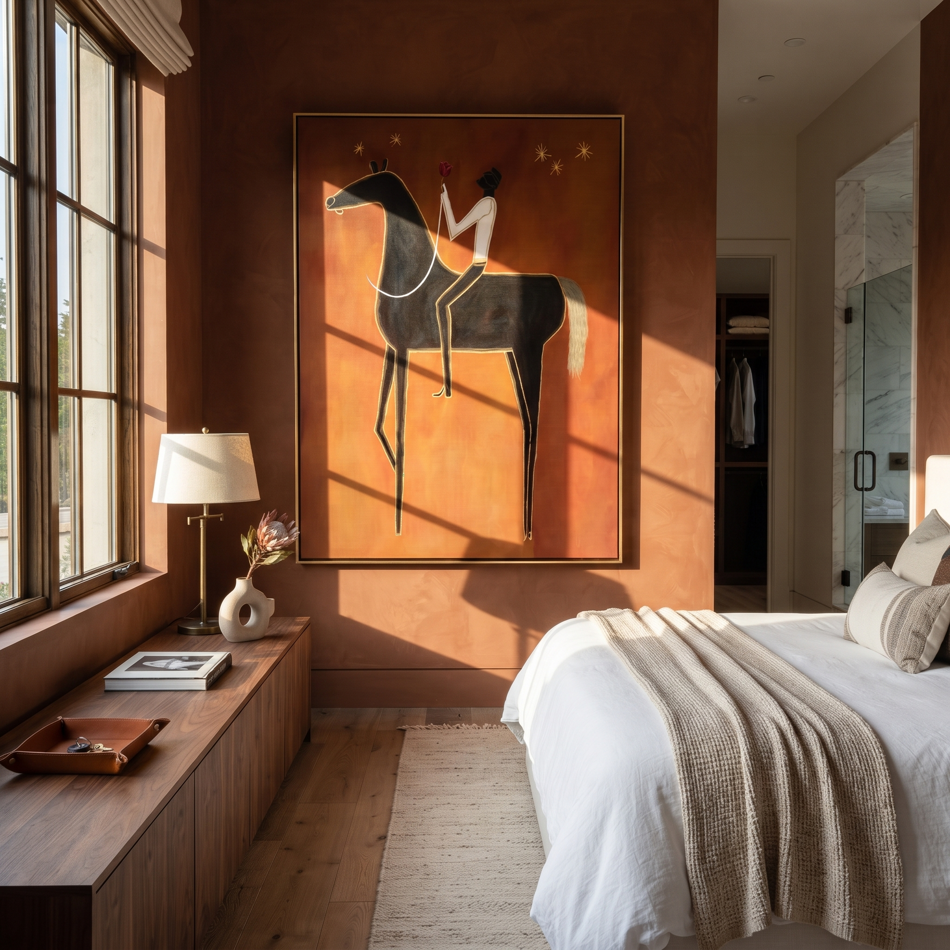 Quiet Reins Meet the Open Sky - horse and rider painting by Isabelle Laurent, modern Western vertical wall art – styled room scene view 4