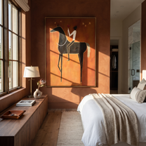 Quiet Reins Meet the Open Sky - horse and rider painting by Isabelle Laurent, modern Western vertical wall art – styled room scene view 4