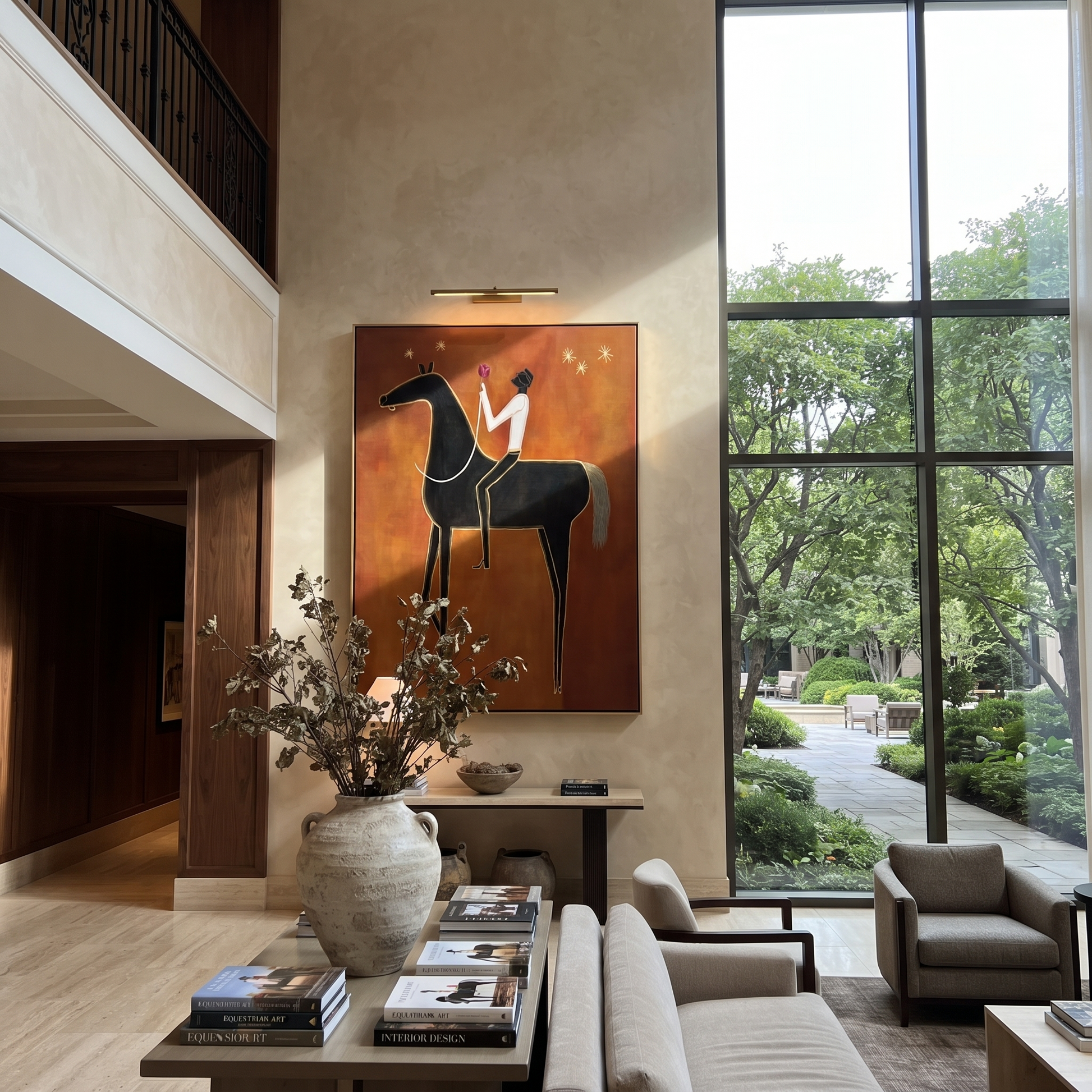 Quiet Reins Meet the Open Sky - horse and rider painting by Isabelle Laurent, modern Western vertical wall art – styled room scene view 5