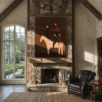Painted Saddle Meet the Open Sky - symbolic horse and rider painting by Isabelle Laurent, modern Western vertical wall art – styled room scene view 1