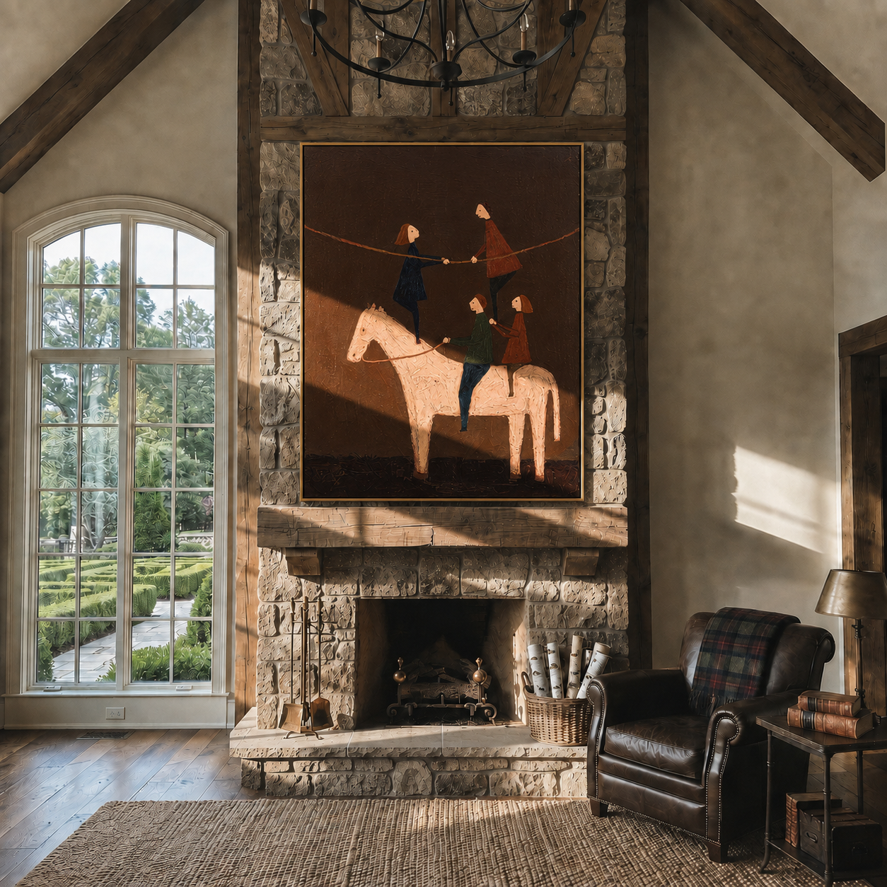 Painted Saddle Meet the Open Sky - symbolic horse and rider painting by Isabelle Laurent, modern Western vertical wall art – styled room scene view 1