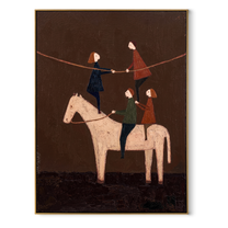 Painted Saddle Meet the Open Sky - symbolic horse and rider painting by Isabelle Laurent, modern Western vertical wall art – wood frame on white background