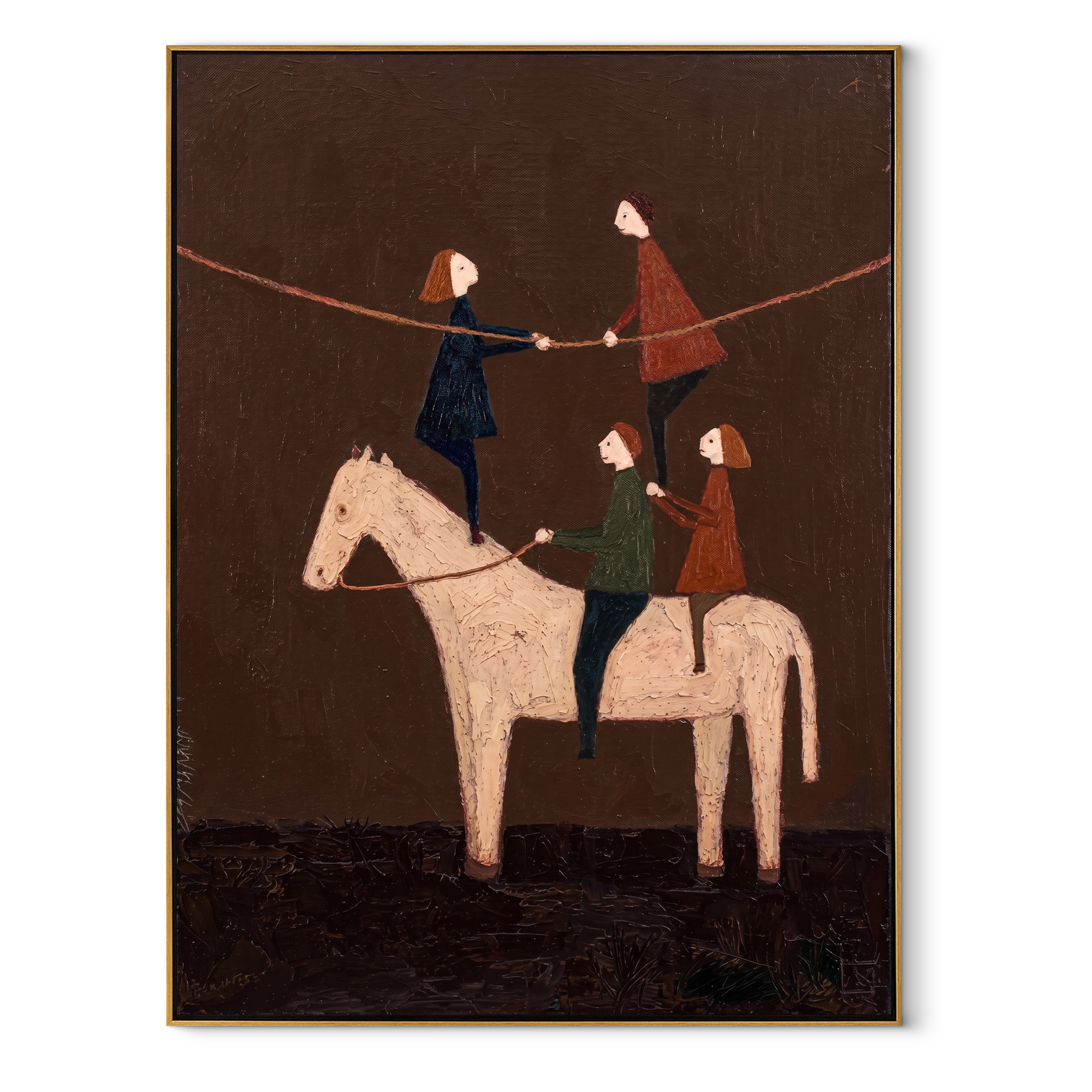 Painted Saddle Meet the Open Sky - symbolic horse and rider painting by Isabelle Laurent, modern Western vertical wall art – wood frame on white background