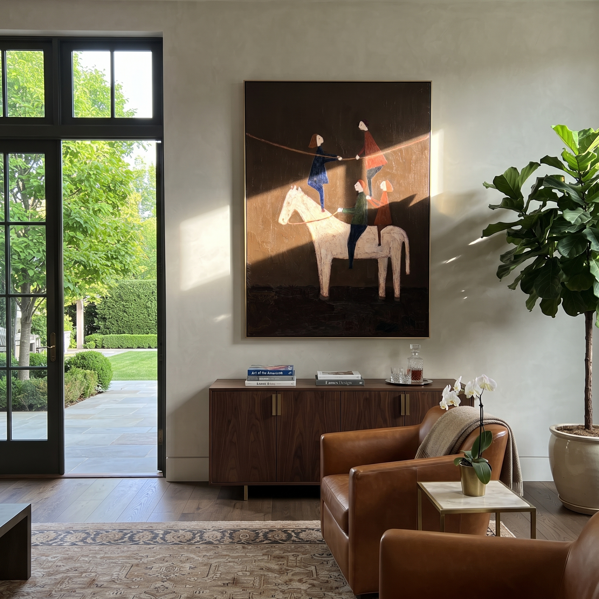 Painted Saddle Meet the Open Sky - symbolic horse and rider painting by Isabelle Laurent, modern Western vertical wall art – styled room scene view 2