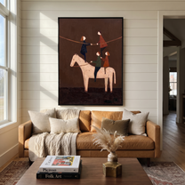 Painted Saddle Meet the Open Sky - symbolic horse and rider painting by Isabelle Laurent, modern Western vertical wall art – styled room scene view 3