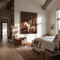Painted Saddle Meet the Open Sky - symbolic horse and rider painting by Isabelle Laurent, modern Western vertical wall art – styled room scene view 4