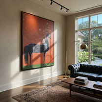 Long Mane Meet the Open Sky - horse and rider painting by Isabelle Laurent, modern Western vertical wall art – styled room scene view 1
