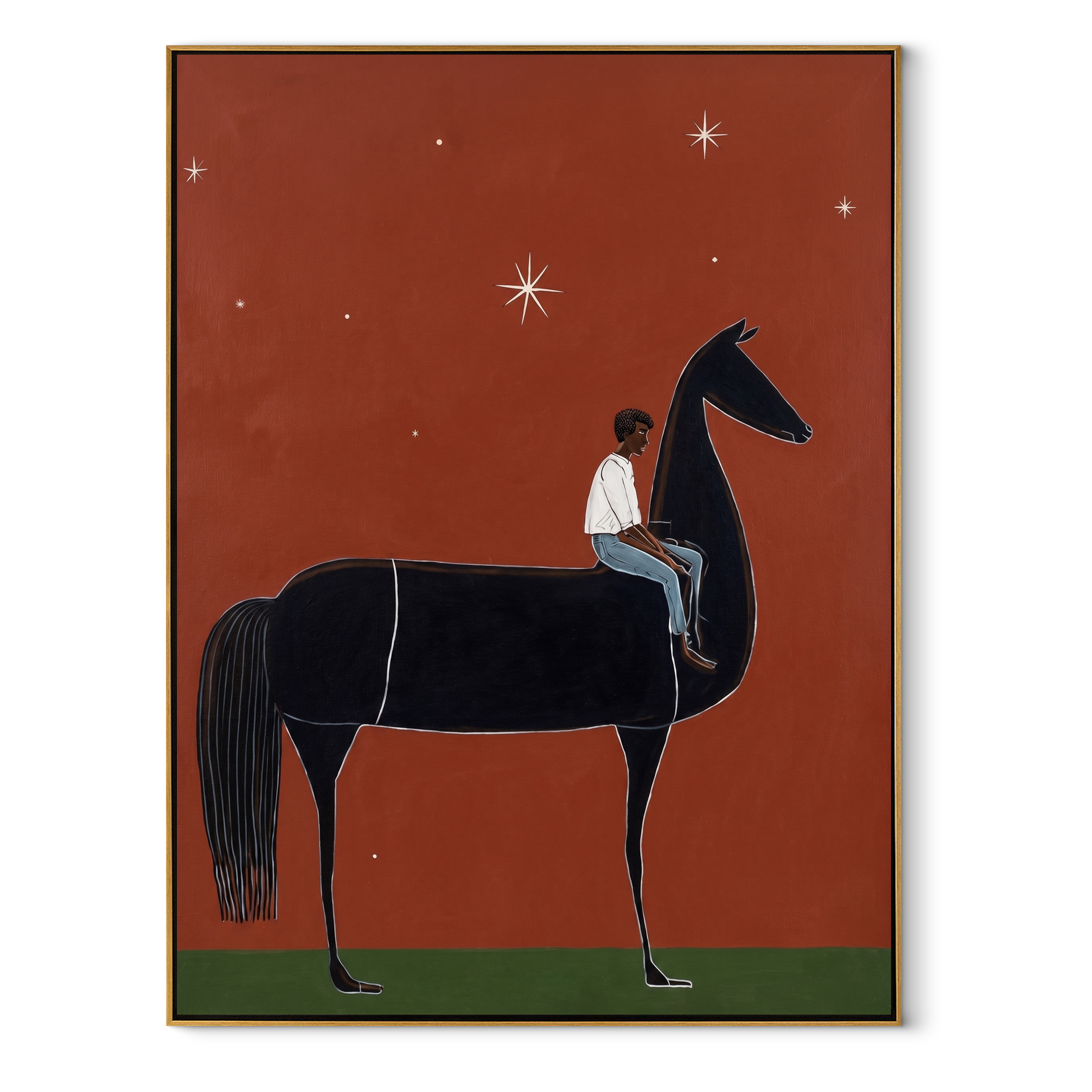 Long Mane Meet the Open Sky - horse and rider painting by Isabelle Laurent, modern Western vertical wall art – wood frame on white background