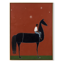 Long Mane Meet the Open Sky - horse and rider painting by Isabelle Laurent, modern Western vertical wall art – wood frame on white background