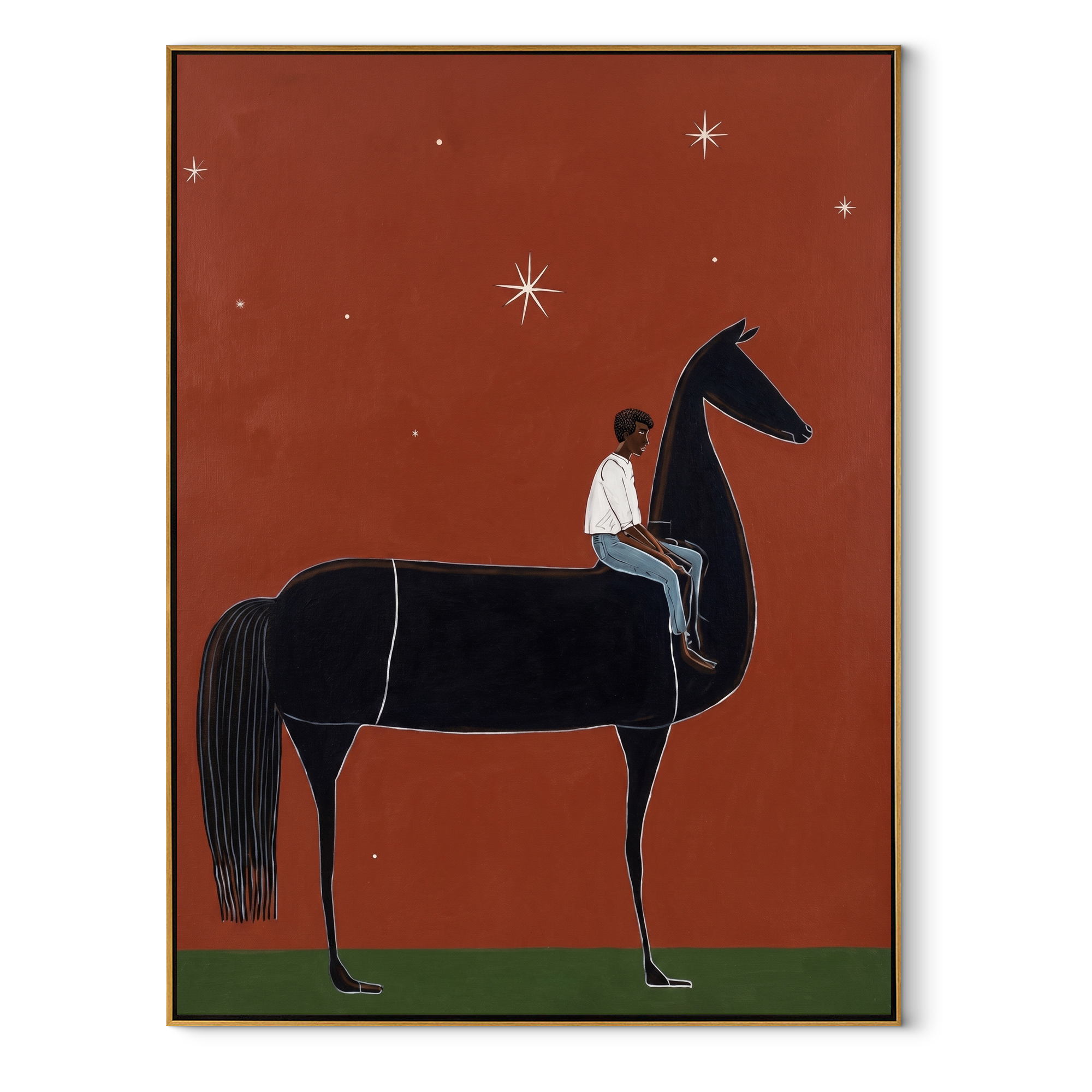 Long Mane Meet the Open Sky - horse and rider painting by Isabelle Laurent, modern Western vertical wall art – wood frame on white background