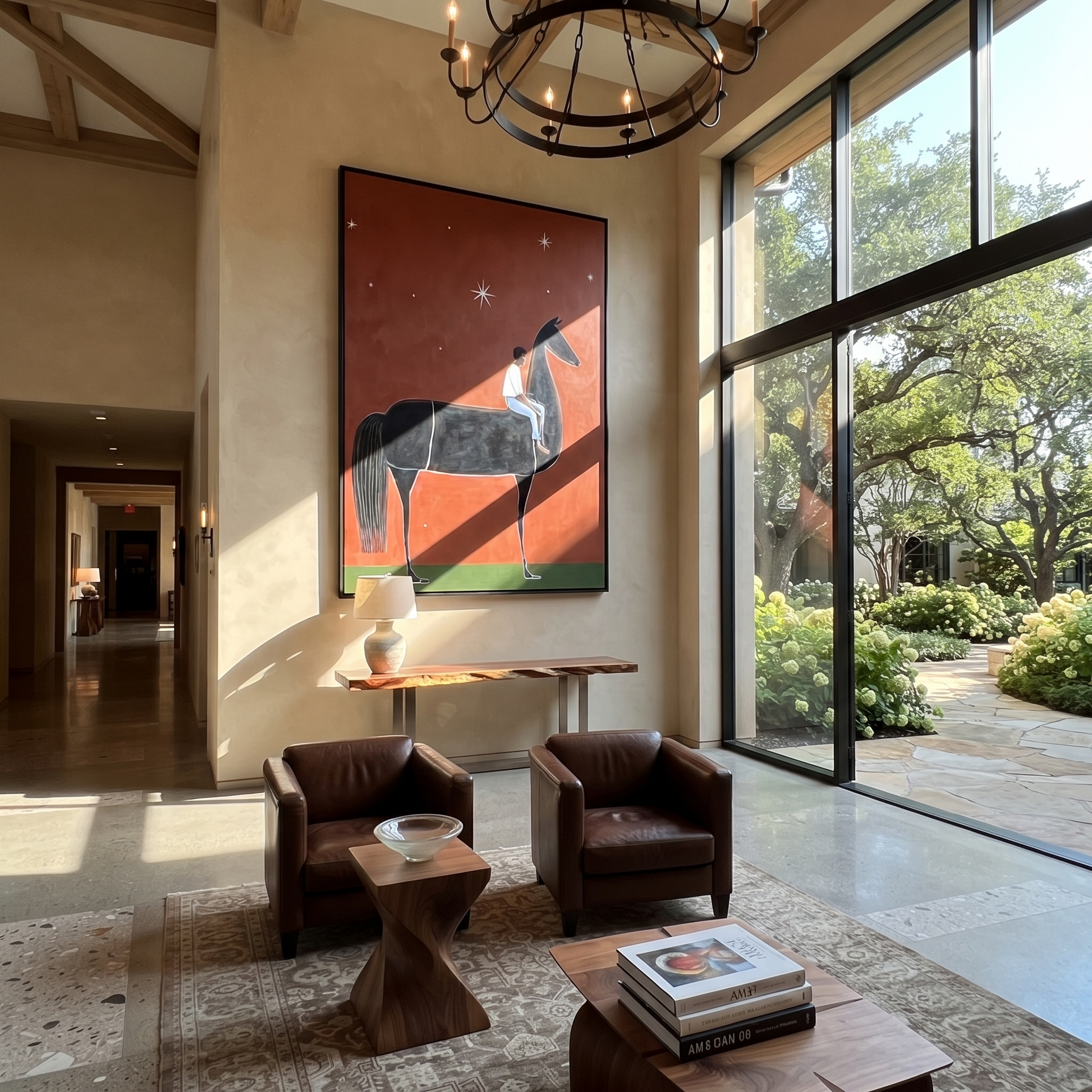 Long Mane Meet the Open Sky - horse and rider painting by Isabelle Laurent, modern Western vertical wall art – styled room scene view 3