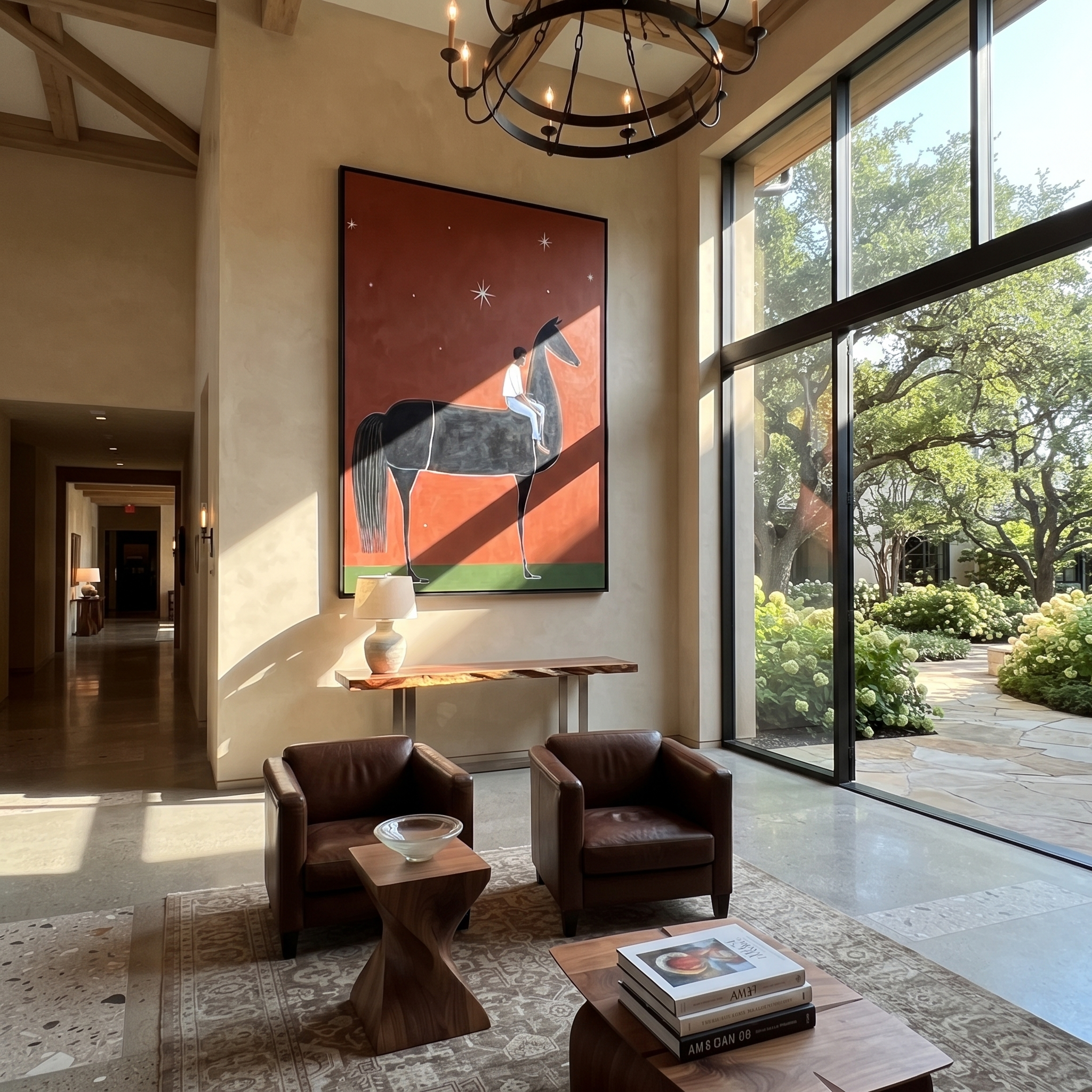 Long Mane Meet the Open Sky - horse and rider painting by Isabelle Laurent, modern Western vertical wall art – styled room scene view 3