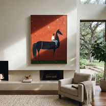 Long Mane Meet the Open Sky - horse and rider painting by Isabelle Laurent, modern Western vertical wall art – styled room scene view 4