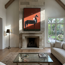 Long Mane Meet the Open Sky - horse and rider painting by Isabelle Laurent, modern Western vertical wall art – styled room scene view 5