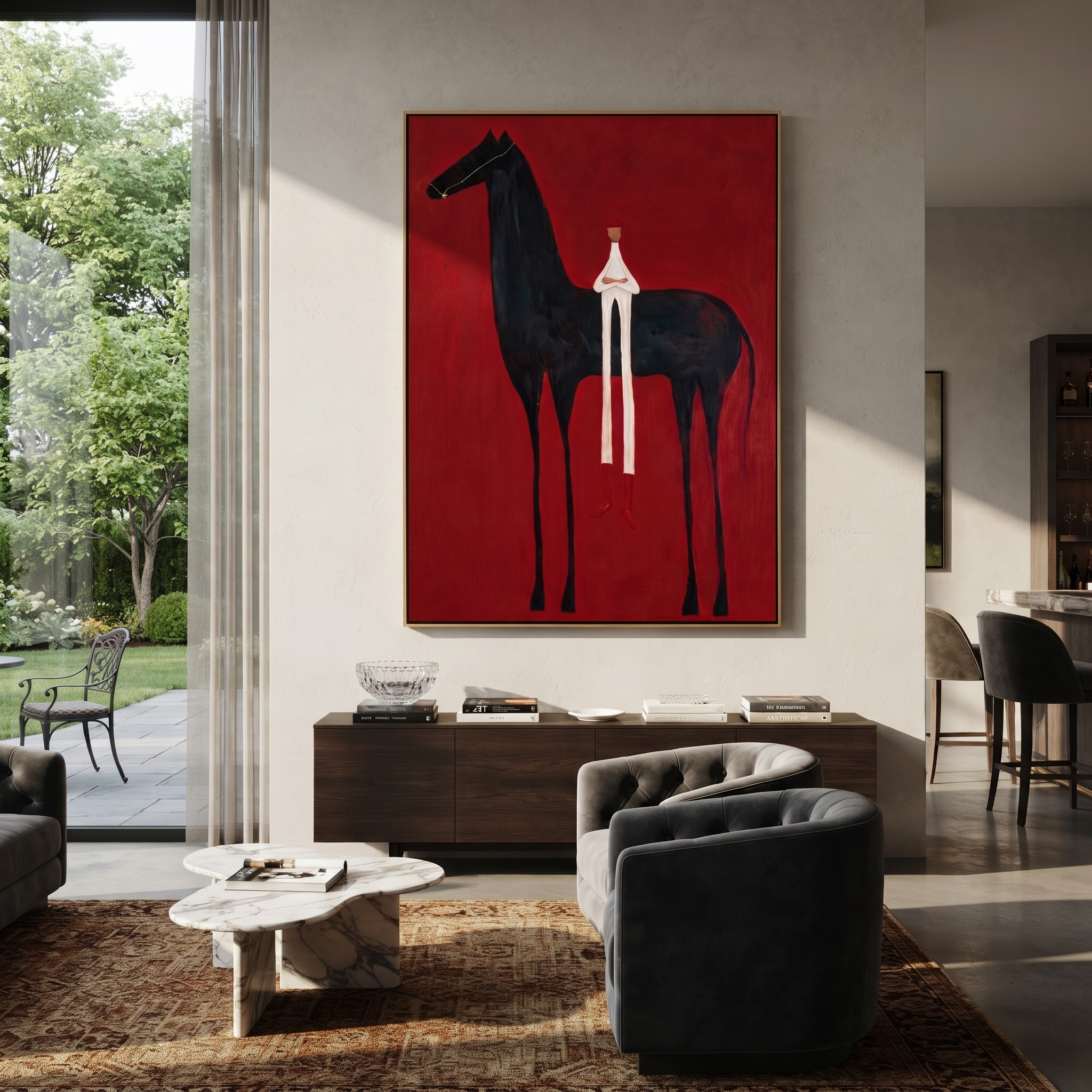 Western Stars Meet the Open Sky - horse and rider painting by Isabelle Laurent, modern Western vertical wall art – styled room scene view 1