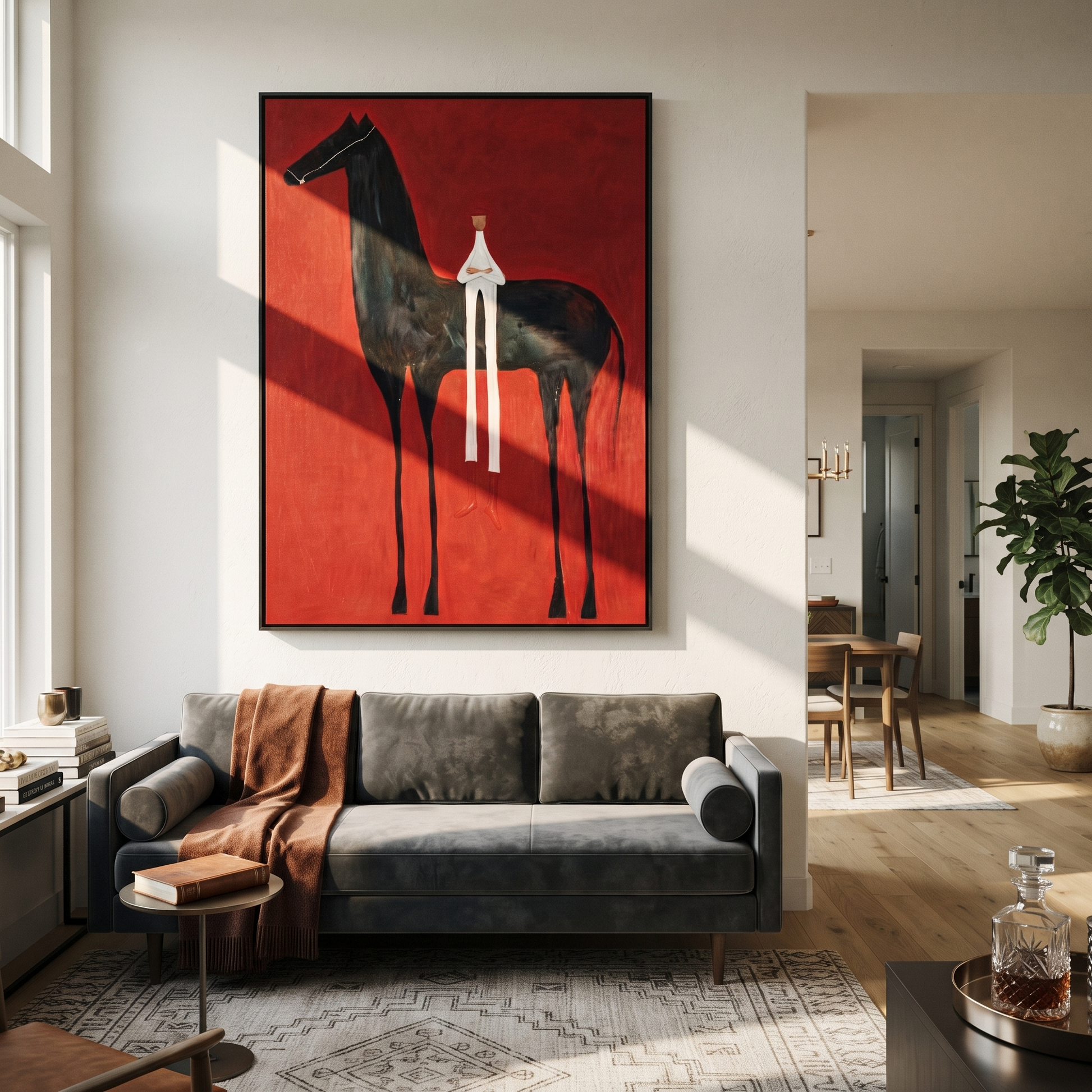 Western Stars Meet the Open Sky - horse and rider painting by Isabelle Laurent, modern Western vertical wall art – styled room scene view 2