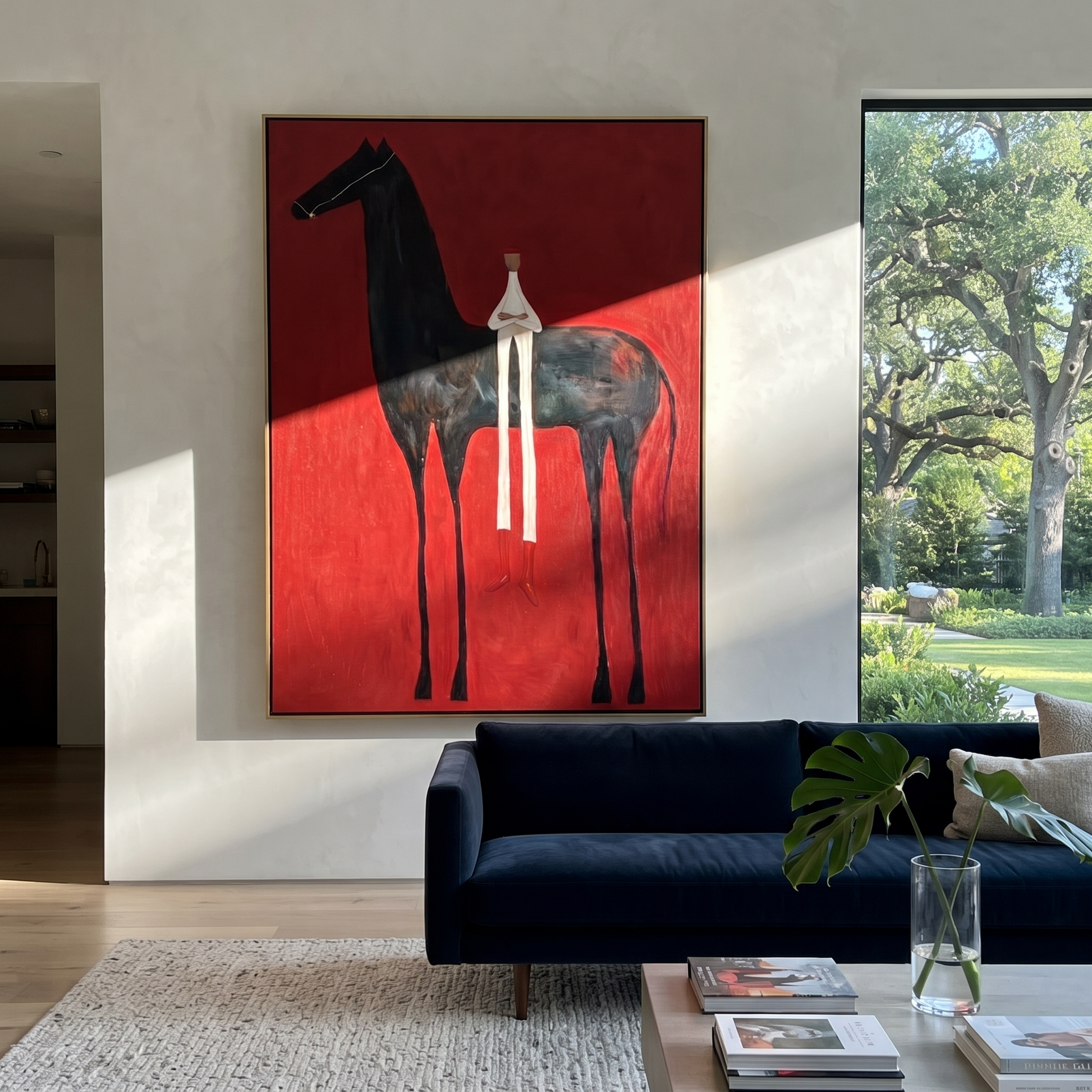 Western Stars Meet the Open Sky - horse and rider painting by Isabelle Laurent, modern Western vertical wall art – styled room scene view 4