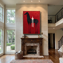 Western Stars Meet the Open Sky - horse and rider painting by Isabelle Laurent, modern Western vertical wall art – styled room scene view 5