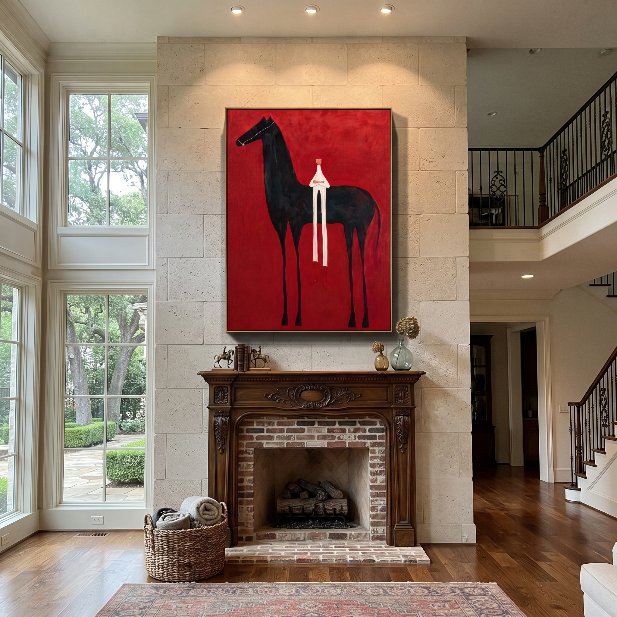 Western Stars Meet the Open Sky - horse and rider painting by Isabelle Laurent, modern Western vertical wall art – styled room scene view 5