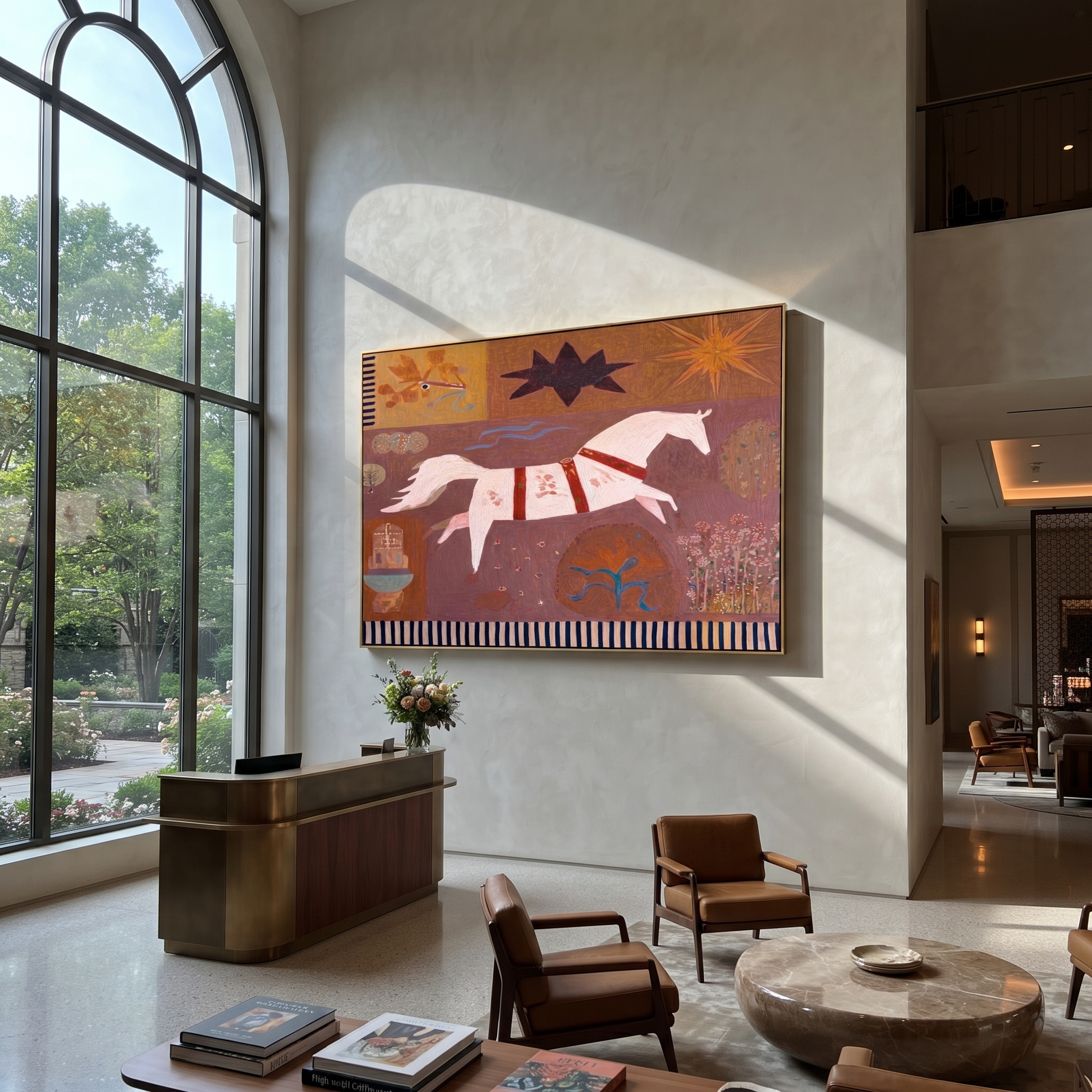 Gentle Strength Meet the Open Sky - running horse painting by Isabelle Laurent, modern Western horizontal wall art – styled room scene view 1