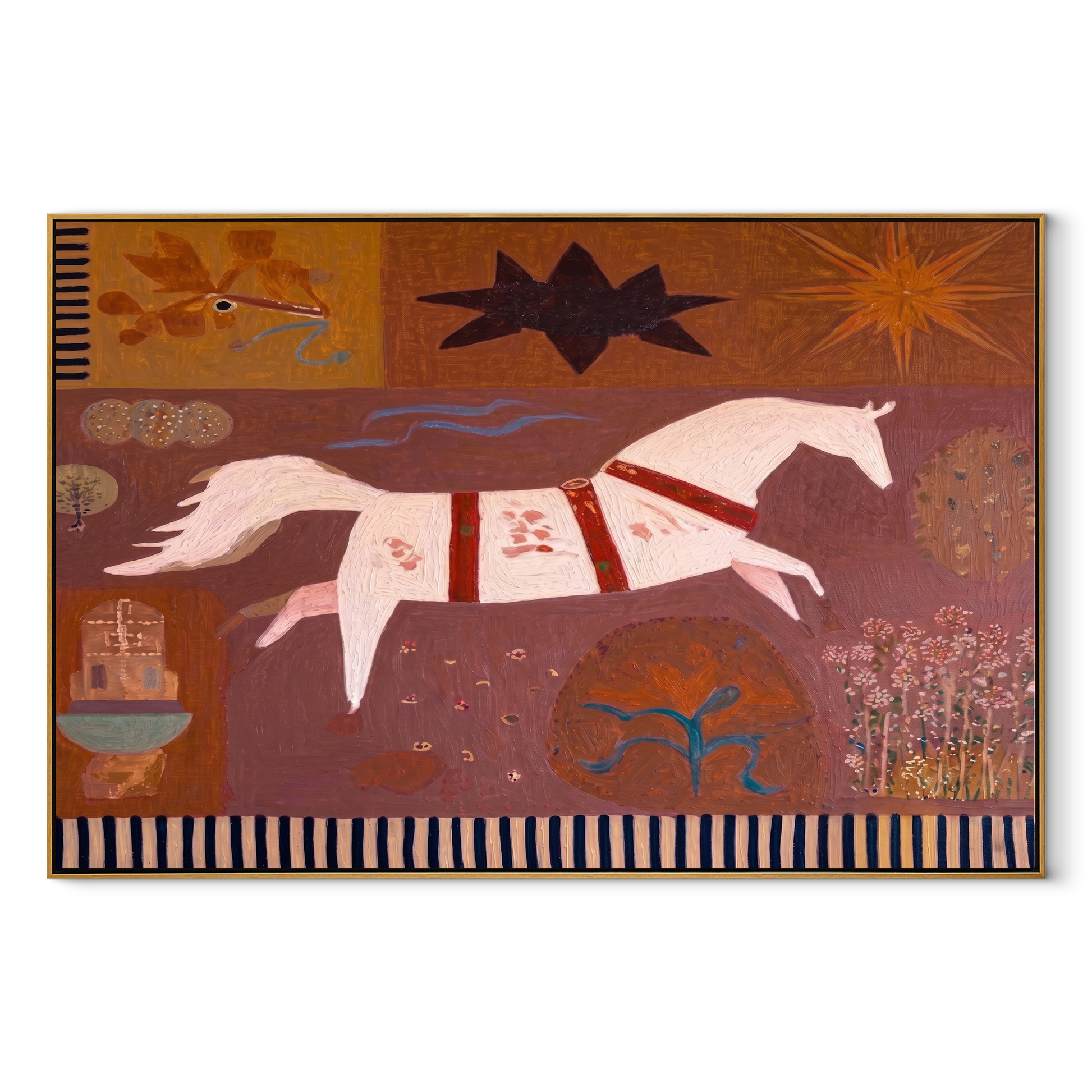 Gentle Strength Meet the Open Sky - running horse painting by Isabelle Laurent, modern Western horizontal wall art – wood frame on white background