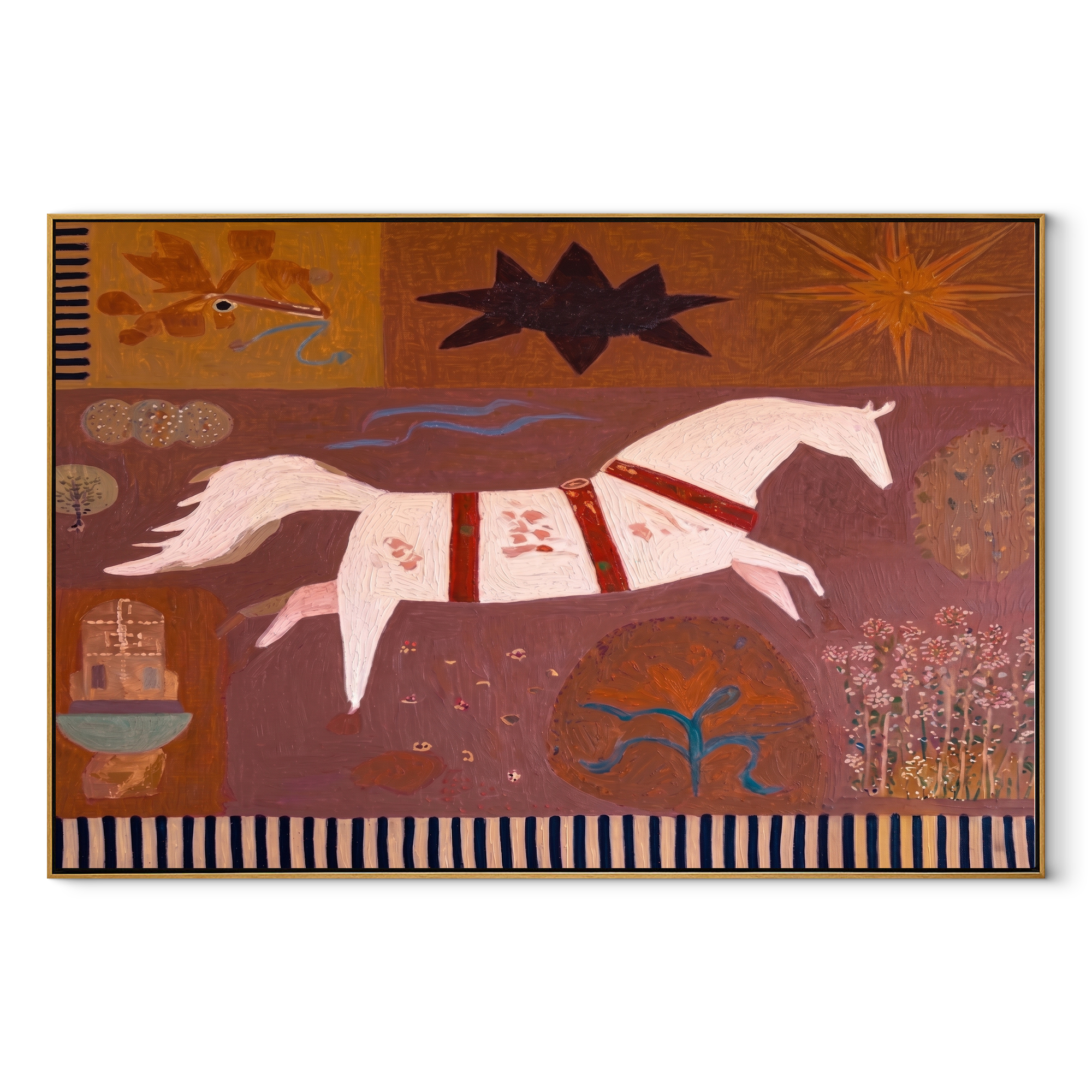 Gentle Strength Meet the Open Sky - running horse painting by Isabelle Laurent, modern Western horizontal wall art – wood frame on white background
