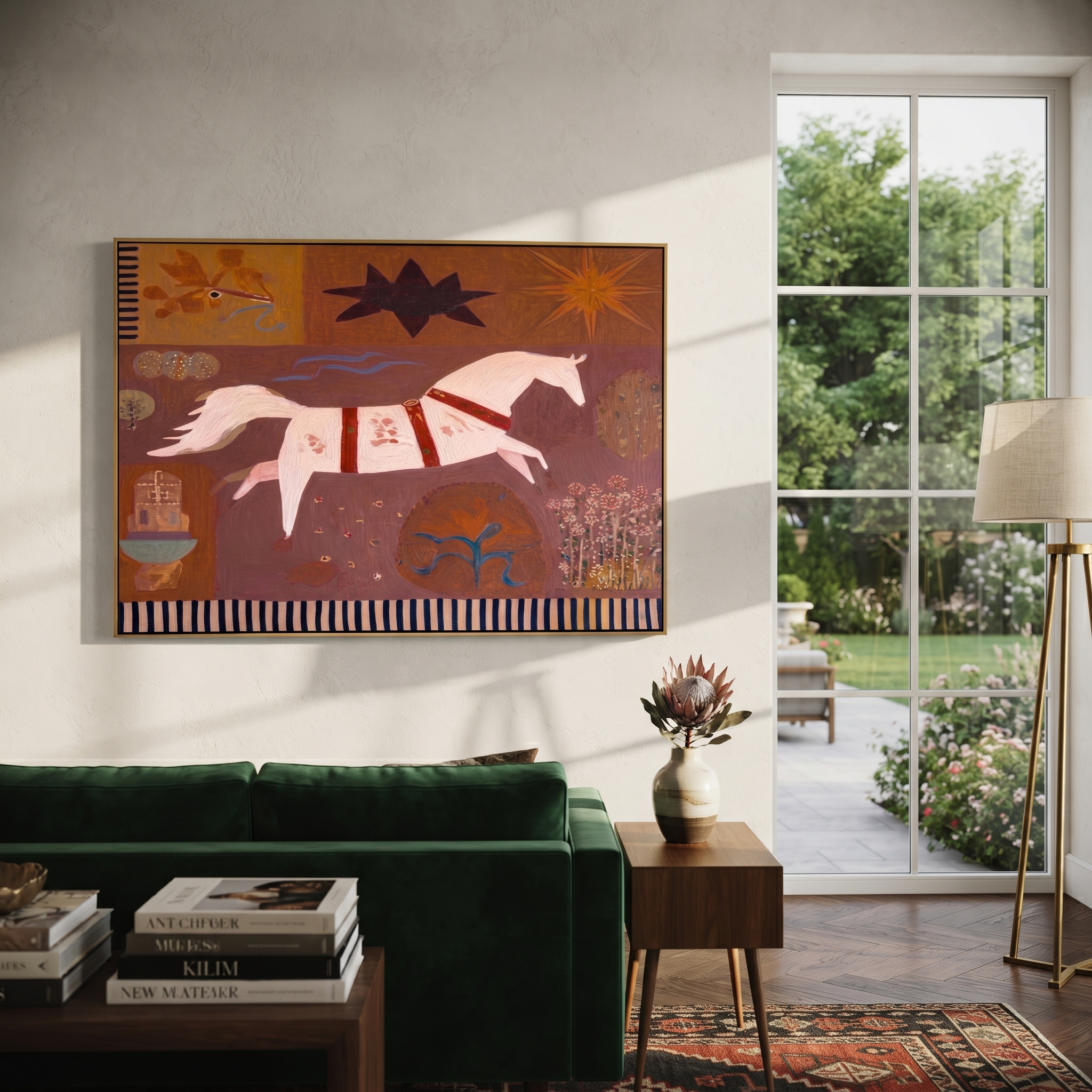 Gentle Strength Meet the Open Sky - running horse painting by Isabelle Laurent, modern Western horizontal wall art – styled room scene view 2