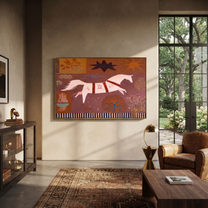 Gentle Strength Meet the Open Sky - running horse painting by Isabelle Laurent, modern Western horizontal wall art – styled room scene view 3
