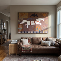 Gentle Strength Meet the Open Sky - running horse painting by Isabelle Laurent, modern Western horizontal wall art – styled room scene view 4