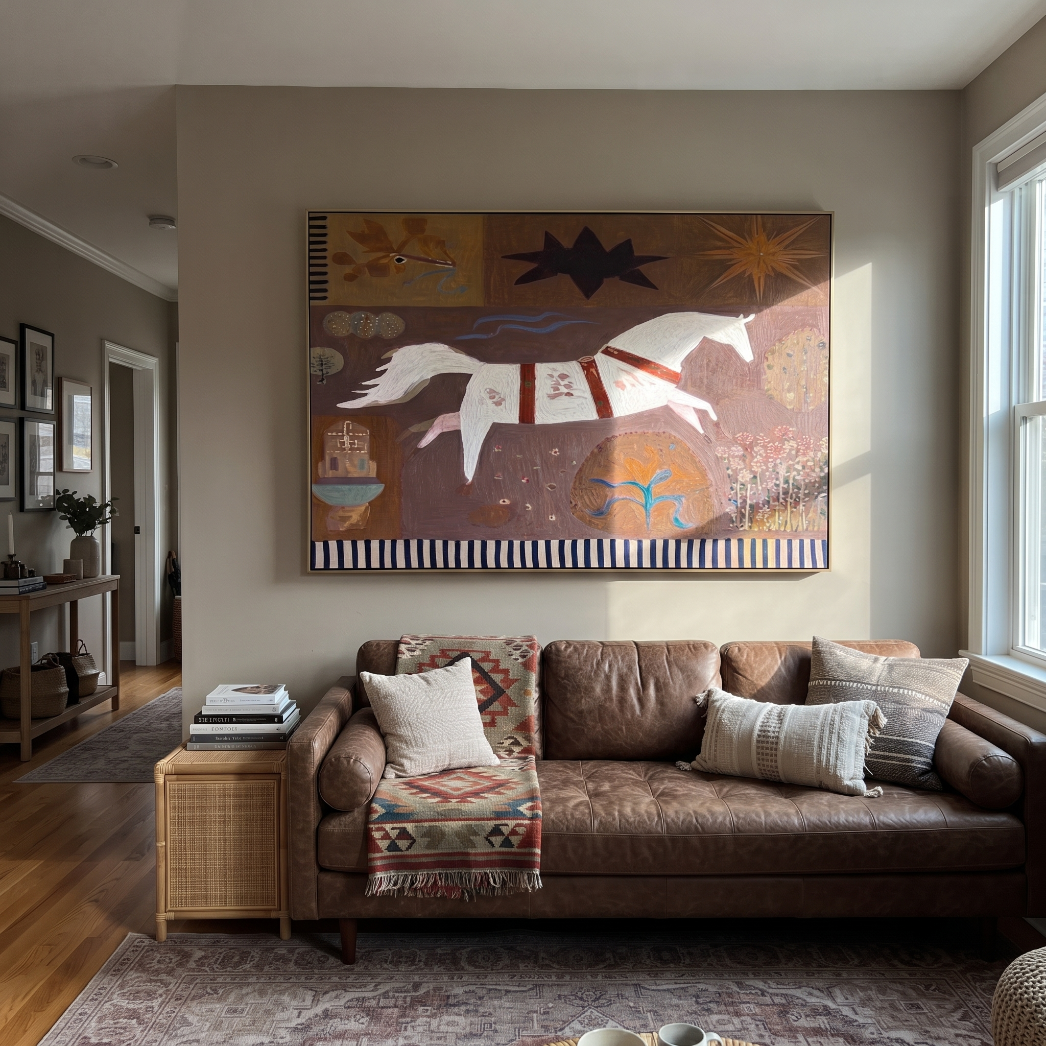 Gentle Strength Meet the Open Sky - running horse painting by Isabelle Laurent, modern Western horizontal wall art – styled room scene view 4