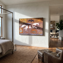 Gentle Strength Meet the Open Sky - running horse painting by Isabelle Laurent, modern Western horizontal wall art – styled room scene view 5