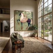 Desert Rhythm Meet the Open Sky - horse and rider painting by Isabelle Laurent, modern Western square wall art – styled room scene view 1