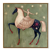 Desert Rhythm Meet the Open Sky - horse and rider painting by Isabelle Laurent, modern Western square wall art – wood frame on white background