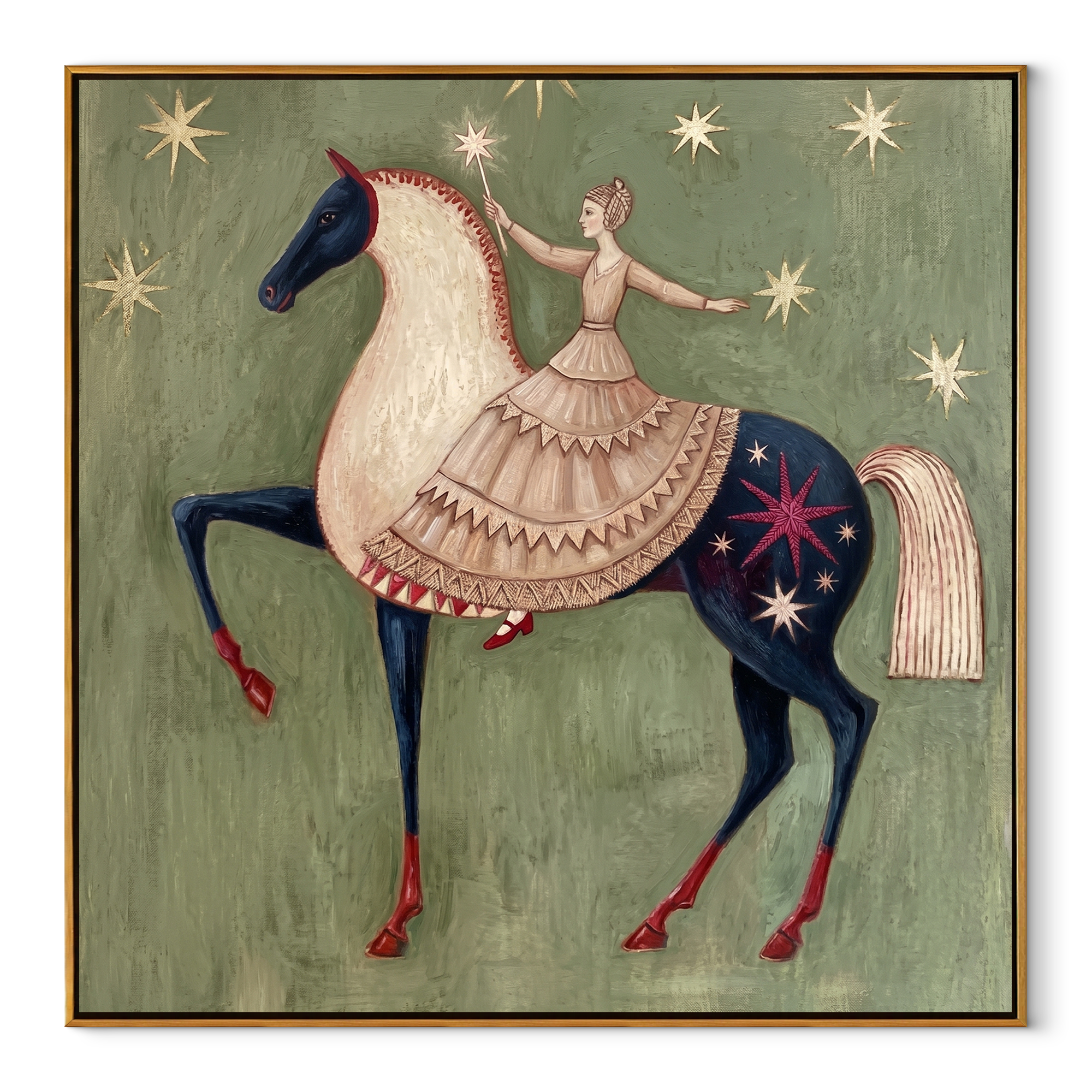 Desert Rhythm Meet the Open Sky - horse and rider painting by Isabelle Laurent, modern Western square wall art – wood frame on white background