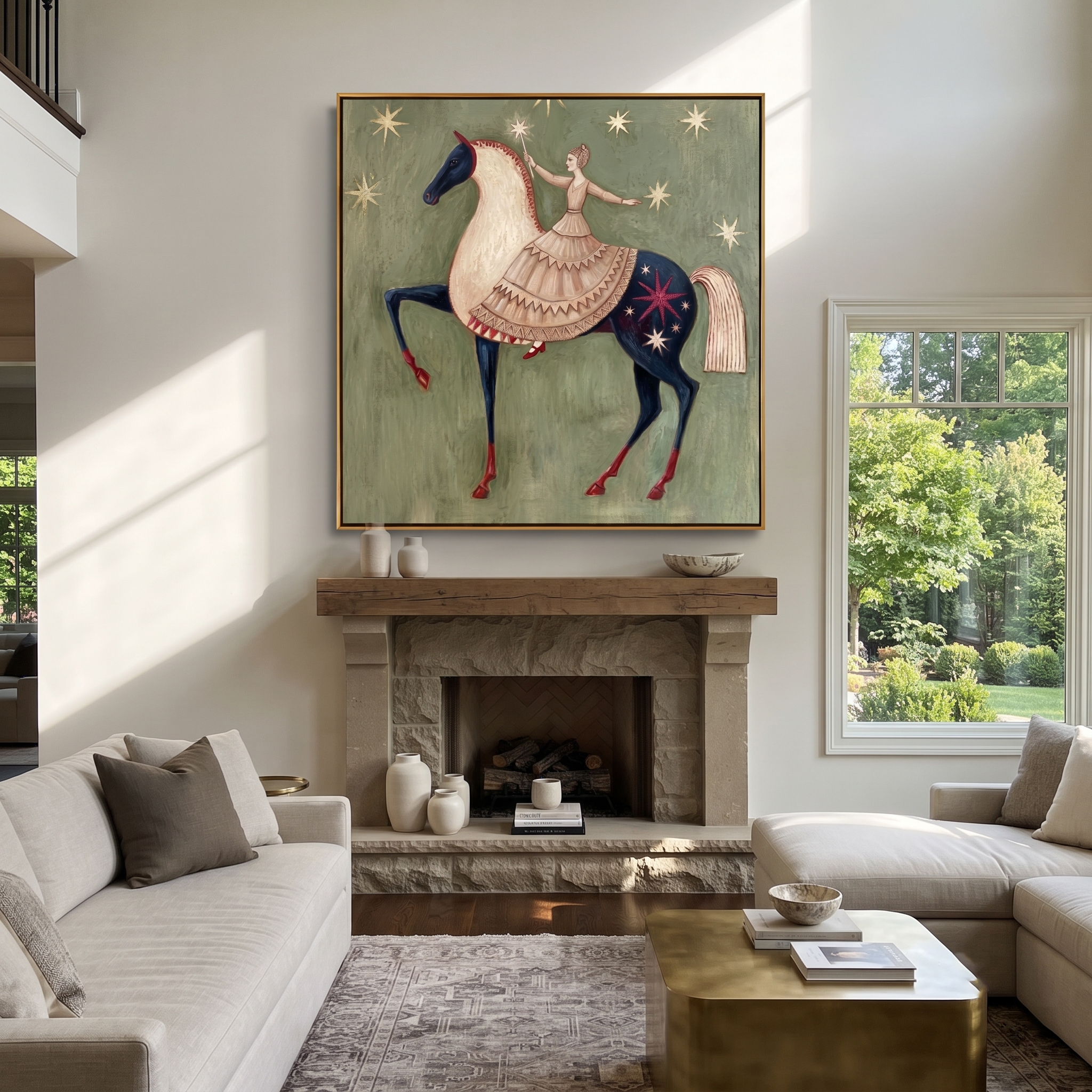 Desert Rhythm Meet the Open Sky - horse and rider painting by Isabelle Laurent, modern Western square wall art – styled room scene view 2