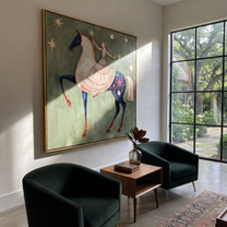 Desert Rhythm Meet the Open Sky - horse and rider painting by Isabelle Laurent, modern Western square wall art – styled room scene view 4