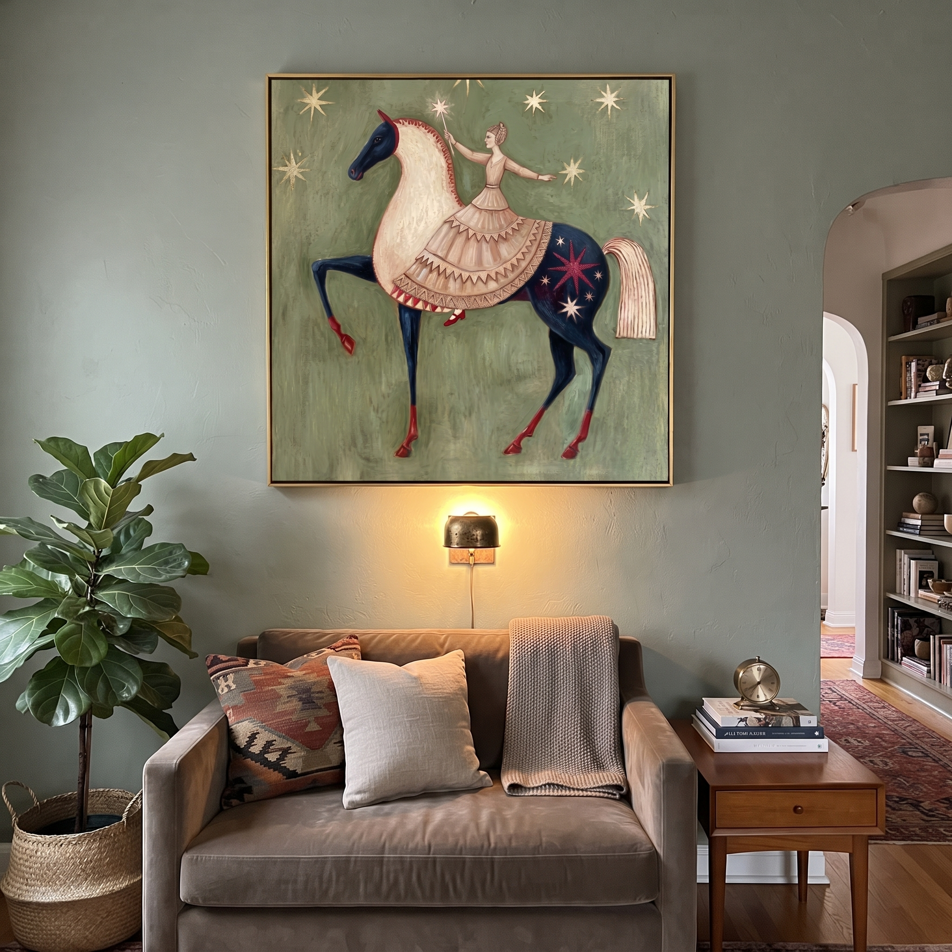 Desert Rhythm Meet the Open Sky - horse and rider painting by Isabelle Laurent, modern Western square wall art – styled room scene view 5