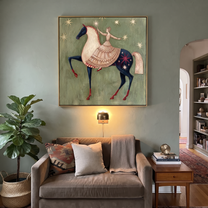 Desert Rhythm Meet the Open Sky - horse and rider painting by Isabelle Laurent, modern Western square wall art – styled room scene view 5