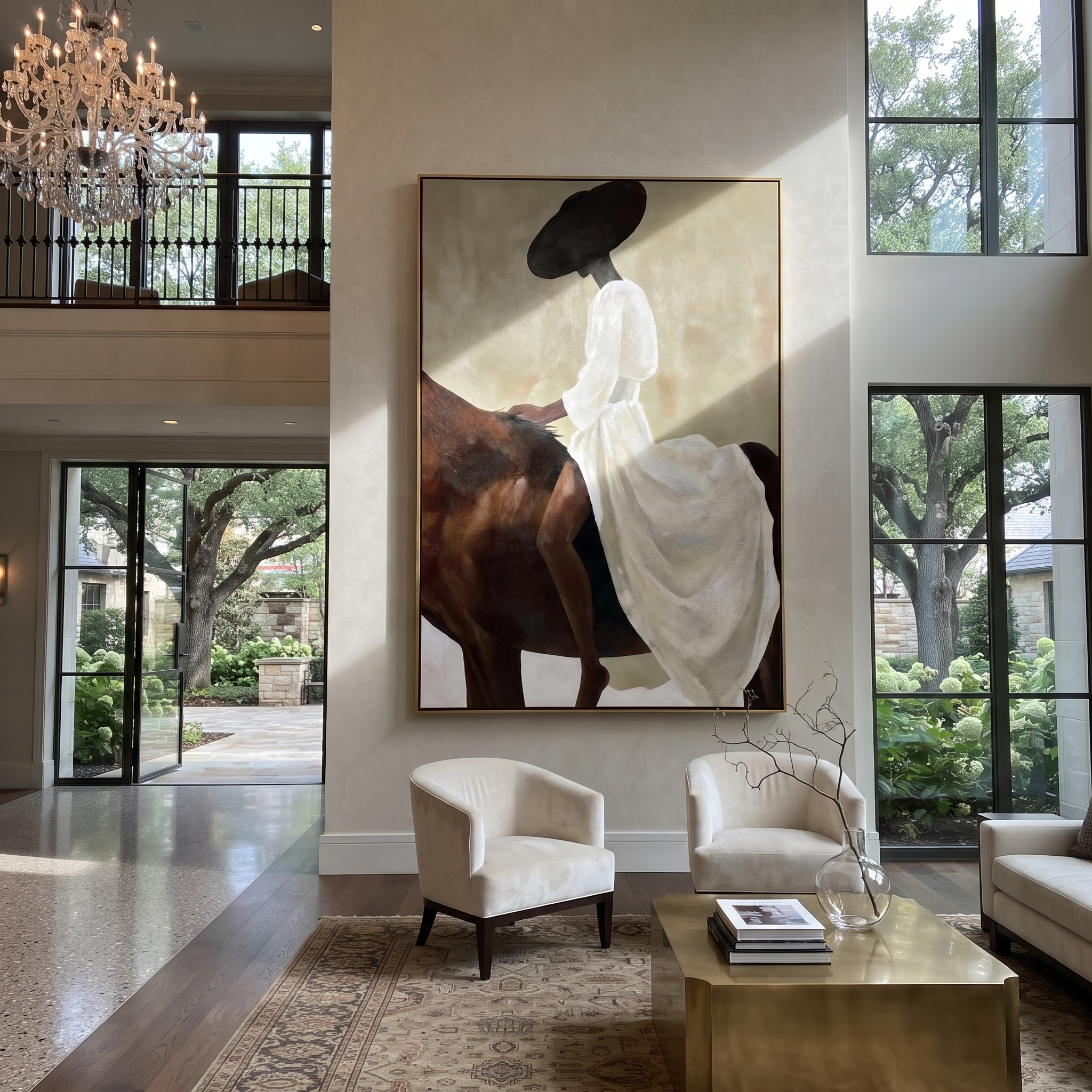 Moonlit Horse Meet the Open Sky - figure and horse painting by Isabelle Laurent, modern Western vertical wall art – styled room scene view 1
